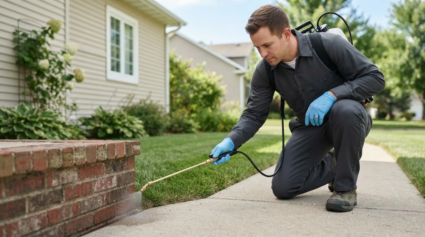 Pest control technician treating a home near Phillipsburg, KS